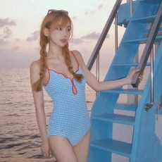여성 체크 하늘 모노키니 수영복, B. 블루_L