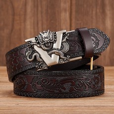 3.5CM V 버클 소가죽 벨트합금 자동 프린트 워시 바드 스트랩 선물 비즈니스 남성 벨트, 04 Silver V Coffee_04 115 CM, 1개