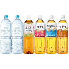 [한번에먹자] 1.5L 대용량 생수 차음료 혼합세트 (백산수2L + 광동 옥수수수염차 + 광명찾은 결명자 + 웅진 하늘보리 + 맑게우려낸 누룽지) 먹는샘물 사무실음료 갈증해소, 6개