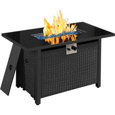 Yaheetech 43 in Propane Fire Pit 50000 BTU 야외 가스 파이어 피트 테이블에 강화 유리 테이블 상판과 등나무 위커 베이스 파티오 데크 파티 모임, Black