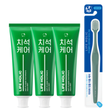 라이프홀릭 치석케어 치약 3개 + 이중미세모 와이드 칫솔 1개(색상랜덤) 1세트, 1개