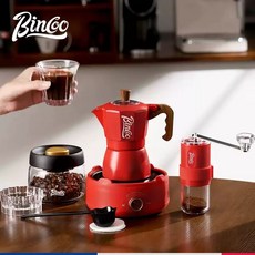 모카 포트 세트 Bincoo 더블 밸브 전기 스토브 커피 포트 머신 세트, 레드 2인분 4개 세트