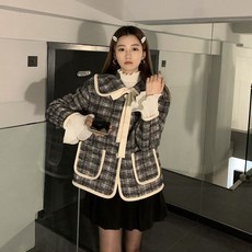 빅카라 체크무늬 리본 코트