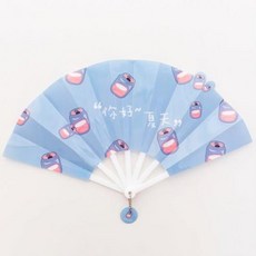 호른 작은부채 부채 가정용 휴대용 쥘부채 접이식 여성둥근 플라스틱, T02-안녕하세요 여름-블루색