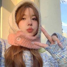 겨울 기모 방한 울 캐시미어 니트 배색 후드 바라클라바 넥워머 방한용품 목토시, 핑크