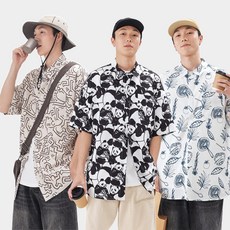 SMOPIG 남녀공용 커플 반팔 오버핏 하와이안 셔츠 반팔셔츠