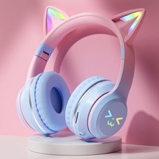 고양이 귀 스마일 RGB 무선 헤드셋 블루투스 이어폰 BT035C 접이식 카드 삽입 그라데이션 색상, 그라데이션 블루