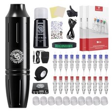 DRAGONHAWK Complete Tattoo Pen Kit Rotary Atom M1 Machine Power Supply 20Pcs Cartridges Needles Foot Pedal, 원자 M1-B, 1개