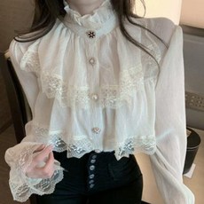 올봄 스타일 수술 블라우스 여 감미로운 레이스 블라우스에 양지 셔츠 플레어 소매 톱