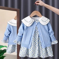 투피스 스웨터 용수철 가을 아기 소녀 옷 노란색 싱글 브레스트 니트 코트 카디건 꽃 프린트