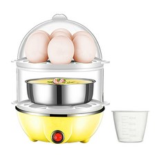 미니 전기 에그 보일러 자동 전원 끄기 2 단 커스터드 스팀 쿠커 측정 컵 포함 미국 플러그 주방 요리 도구, Yellow, 1개