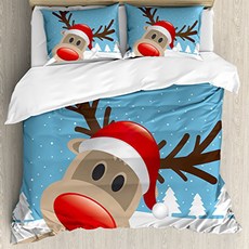 Ambesonne Christmas Duvet Cover Set Reindeer Rudolph with Red Nose and Santa Claus Hat Snowy Forest, 1