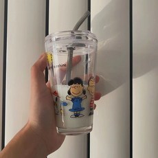 빈티지찻잔 이중유리컵 스누피 빈티지밀크글라스, .개, 컵+뚜껑+스테인레스 빨대+빨대 브러시
