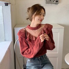 여성 오프숄더 어깨트임 초커넥 긴소매 니트 티셔츠