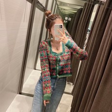 자라 zara 자카드 보헤미안 스퀘어넥 크리스마스 크롭 가디건