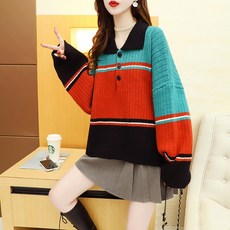 POLO 넥 풀오버 후드 스웨터 여성 가을 와이드 루즈핏 작은 키 스위트 스윗