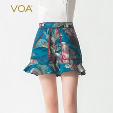 VOA 실크 선염 자가드 블러킹 가선 스타일리시 개성 와이드 루즈핏 크로스 앞자락 페플럼 쇼트 팬츠
