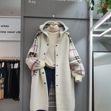 무자크 런던체크 후드 롱 니트코트 K9KC27