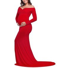 JustVH Maternity Elegant Fitted Maternity Gown Long Sleeve Cross-Front V Neck Slim Fit Maxi Photogra, A - 레드