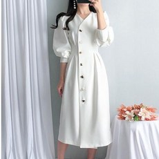 - 브이넥 보석 버튼 벌룬 셀프웨딩 롱 원피스