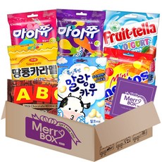  메리박스 츄잉캔디 7종 간식선물세트 말랑카우+멘토스(미니푸르티+후르트텔라)+마이쮸(복숭아+포도)+ABC초콜릿+땅콩카라멜+메세지카드 72g 1박스  상품 이미지