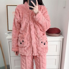 JUST FEEL!NG 수면잠옷 기모 벨벳 두꺼운 수면 홈웨어 캐릭터 빅사이즈 긴팔 극세사 상하세트 버튼 꽈배기 잠옷 파자마