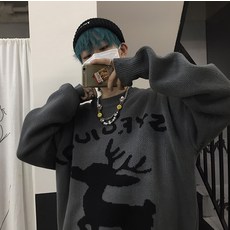 크리스마스 모티브 노루 애니메이션 플라워 프린트 스웨터 남자 CHIC 커플룩