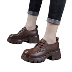 도오빠 하유렌 여성 가죽 통굽 로퍼 브라운 6CM 키높이 미들힐 청키힐 레이스업 드라이빙 여자로퍼 봄 가을 신발