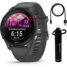 가민 포러너 965 프리미엄 GPS 런닝 앤 트라이애슬론 47mm 스마트워치(AMOLED 터치스크린 디스플레이 포함) 카본 그레이 DLC 티타늄 베젤(블랙 실리콘 밴드 웨어러블, Forerunner 255 46 mm, Slate Grey +E-bank, 1개