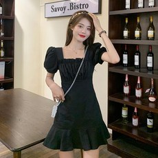 ANYOU 미니 원피스 반팔 퍼프 소매 원피스 A라인스커트