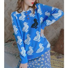 POLO 넥 니트 여성 겨울 가을 계절 와이드 루즈핏 아우터 카라넥 긴 소매 블루 오리 양털 울 옷 라운드니트