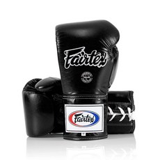 Fairtex 프로 가죽 레이스 대회용 장갑 - 무에타이 및 복싱용 잠금 엄지 손가락 블랙 283.5g10온스