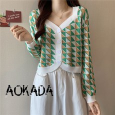 AOKADA 가디건 여자 아가일 스퀘어넥 색다르다 긴팔 니트 카디건 배색 패션 가을 상의 아우터