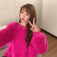 FANSYLI 캐주얼 루즈핏 인조 퍼 티셔츠 패션 미디움 롱 램스울 라운드 맨투맨 여자 가을 겨울 램스울 상의 X8A29