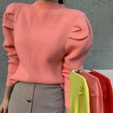 도도한나 러블리 비비드 퍼프 볼륨소매 어깨 셔링니트 레드 옐로우 핑크