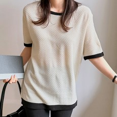 로로텐 배색 라운드넥 반팔 티셔츠 스판 무지 여성 빅사이즈