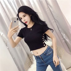재즈댄스 하이웨스트 상의 여성 여름 숏 크롭 룩 반팔티셔츠 홍콩무드 스키니핏 슬림 배꼽이 빠지다 이너티셔츠