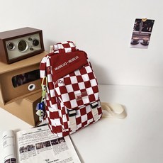 한국어 ins 바둑판 격자 크로스백 복고 홍콩 스타일 중성 허리 가방 일계 원숙 캐주얼 가슴 가방 여자, 레드+액세서리, 1개
