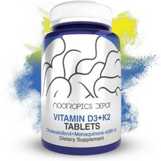 Nootropics Depot 누트로픽 디포 비타민 D3 + K2 (비타민 C 정제 포함) | 60 카운트 콜레칼시페롤 메나퀴논-4 (MK-4) 기분 뼈 건강 건강한 칼슘 흡수, 1 카운트(60팩), 1개, 60정