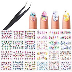 24 PCS 네일 아트 스티커 1 PCS 네일 스티커 핀셋 포함 12 PCS 나비 및 12 P, 상세내용참조