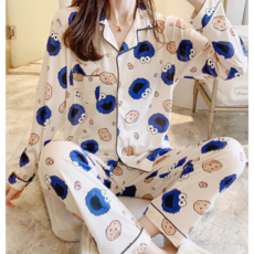 루즈루나 블루 엘모 꿀잠 부드러운 여성용 긴팔 홈웨어 여성 잠옷 파자마 상하세트