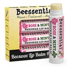 Beessential 올 내추럴 로즈 & 민트 립밤 4 팩 - 입술의 건조와 균열을 하고 예방 - 남자 여자 아이들을위한 - 보습 밀랍 코, 단일상품, 단일상품