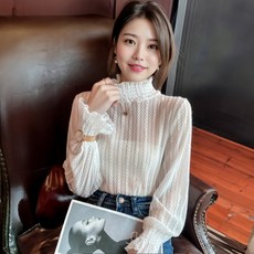 여성 블라우스 이너 시스루 레이어드 레이스 목티 반목티 프릴 티셔츠