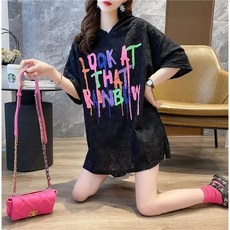 면 페이크 데님 패치워크 t셔츠 여성 오버핏 미디 롱 여름 인싸템 상의