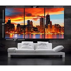 BoxColors-Large 30x60 3 패널 30x20 Ea 아트 캔버스는 아름다운 시카고 스카이 라인 일몰 빛 벽 홈페이지를 인쇄합니다 (프레임 1.5 깊이 포함).