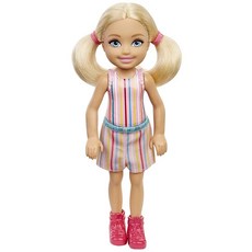 Barbie 첼시 인형 금발 땋은 머리와 파란 눈을 가진 작은 인형 탈착식 스트라이프 드레스 및 핑크 부츠, 1개
