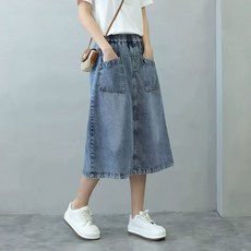 POMTOR 봄여름 허리밴딩 뒤트임 데님 스커트 빅포켓 A라인 스커트