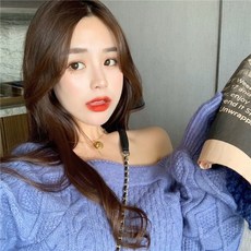 딥베이지 블루퍼플 스퀘어넥 오프 숄더 꽈배기 니트 GH9-099
