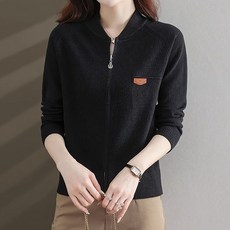 POMTOR 여성 가을 브라운 라운드넥 지퍼 디테일 캐주얼 슬림핏 긴팔 니트 가디건