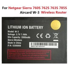 3.7V 2000mAh W-3 배터리 W3 넷기어 시에라 760S 762S 763S 785S 무선 라우터 이온 충전식, 1개